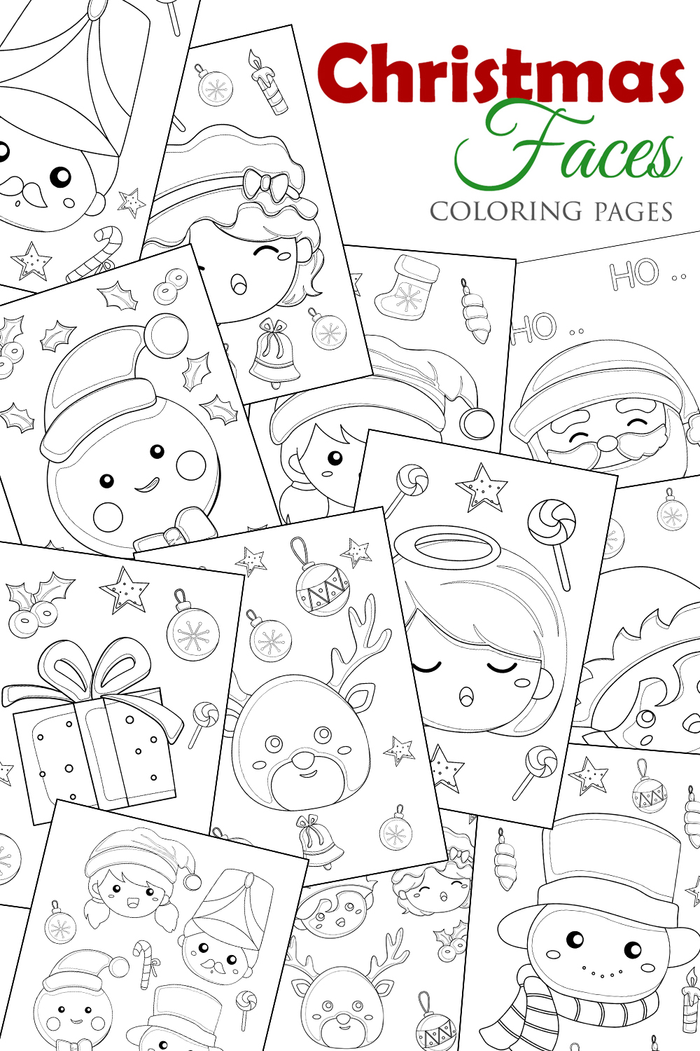 Cute Christmas Faces Elf Snowman Deer Animal Girl Kids Angel Cartoon Coloring Pages for Kids and Adult pinterest preview image.