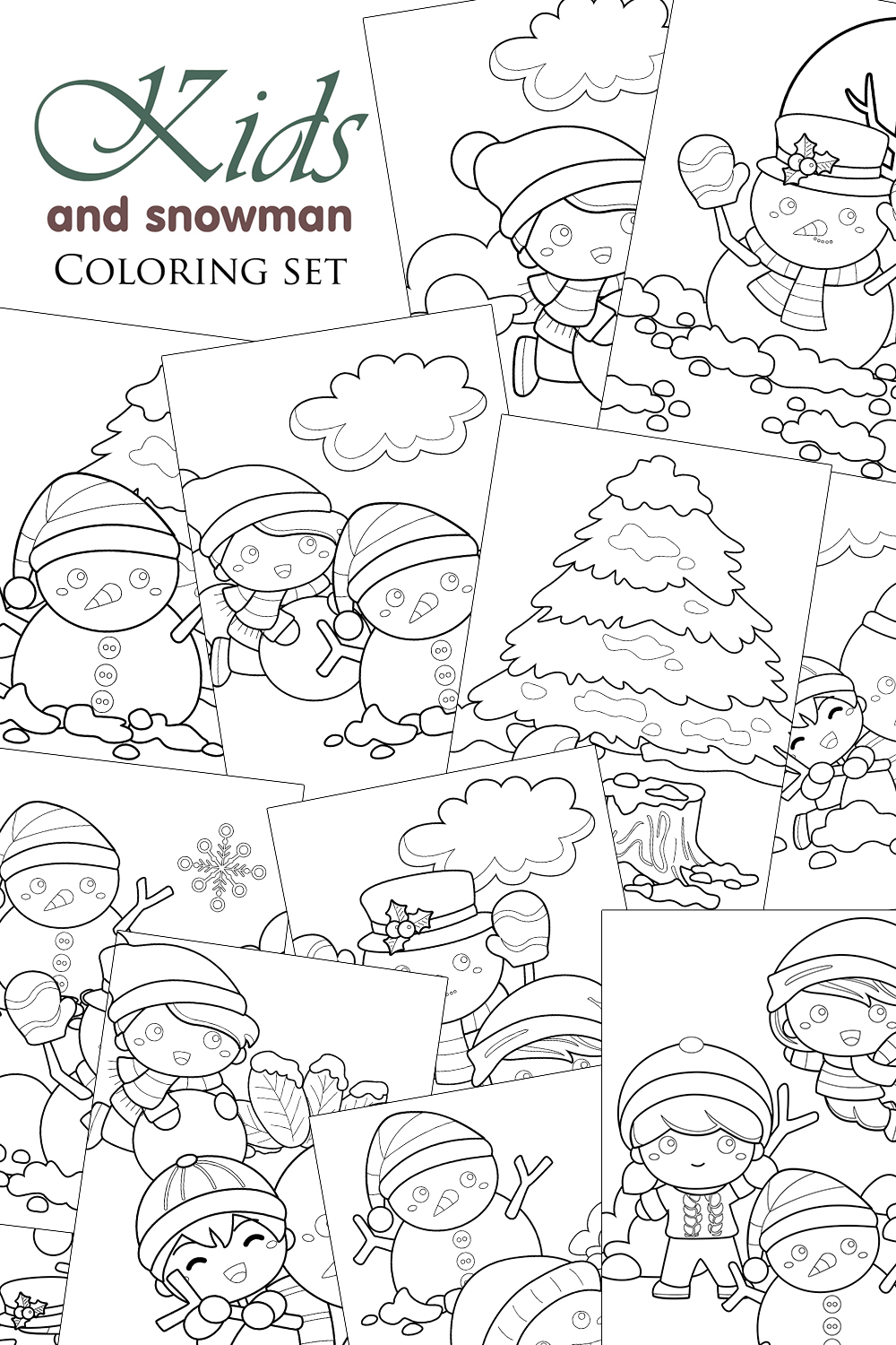 Cute Happy Little Boy and Girl Making Snowman on Christmas Holiday Cartoon Coloring Set Pages for Kids and Adult pinterest preview image.