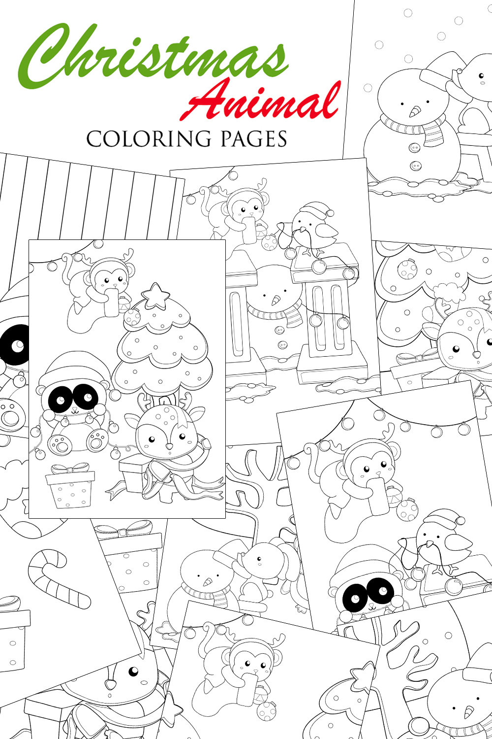 Christmas Animals Forest Bird Penguin Rabbit Panda Deer Monkey Winter Snowman Holiday Cartoon Coloring Pages for Kids and Adult pinterest preview image.