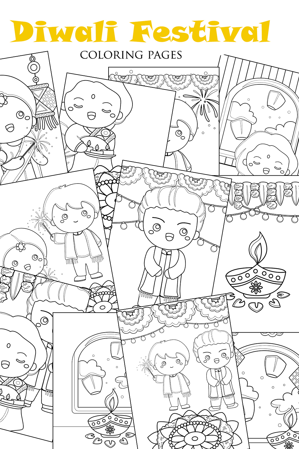 Diwali Deepavali Festival Kids Couple India Hindus Traditional Celebration Background Party Decoration Event Cartoon Coloring Pages for Kids and Adult pinterest preview image.