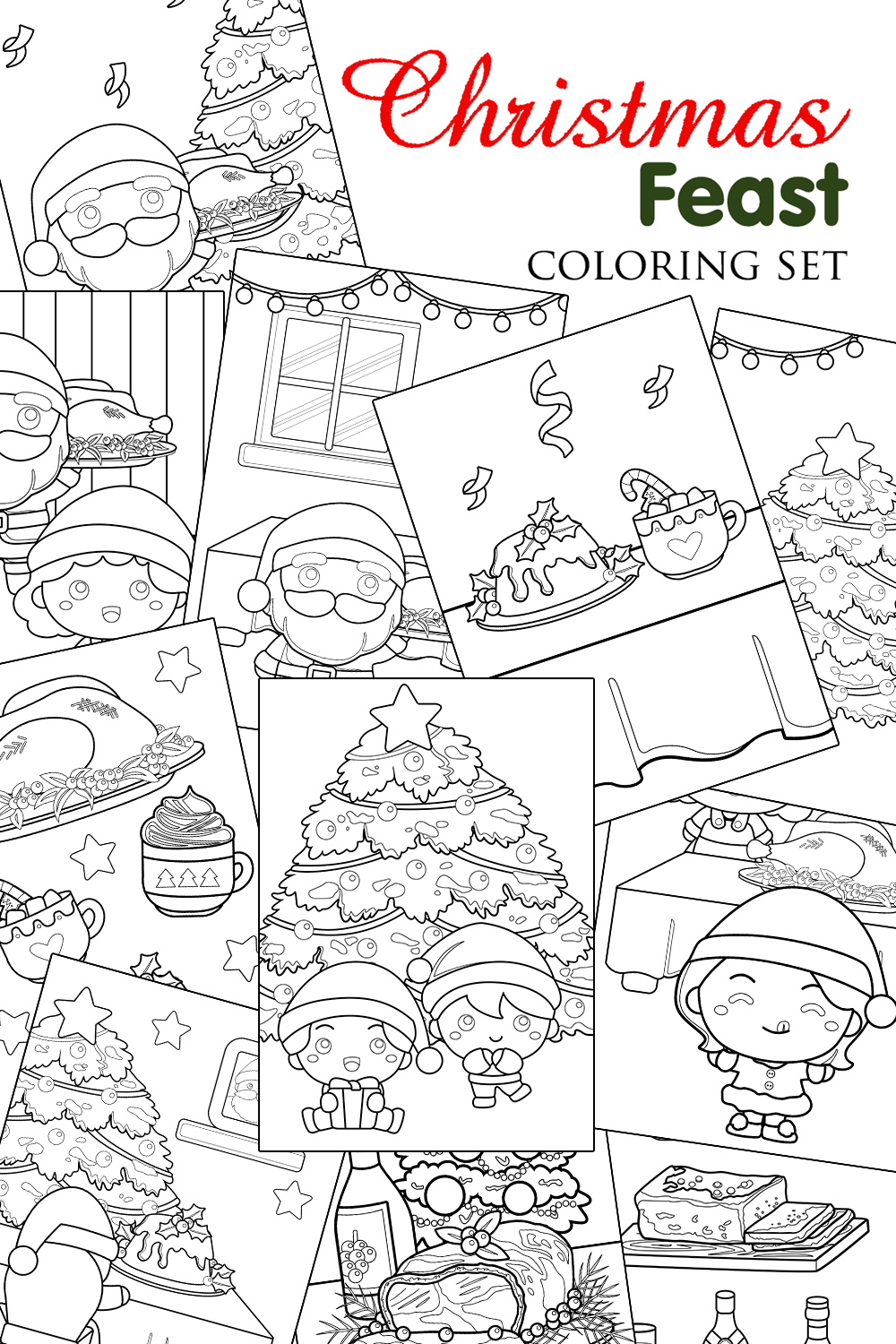 Cute Santa Claus Christmas Tree Feast Dinner Celebration Party Holiday Food with Family Coloring Pages for Kids and Adult pinterest preview image.