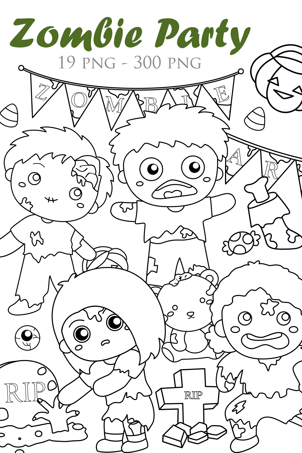 Kids Halloween Zombie Party Background Decoration October Event Cartoon Digital Stamp Outlinr pinterest preview image.