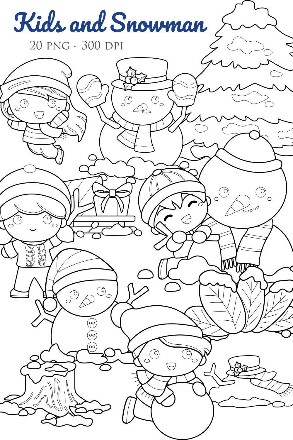 Happy Kids and Snowman Christmas Holiday Celebrate Cartoon Digital Stamp Outline Black and White pinterest preview image.