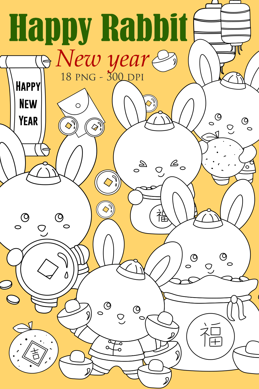 Cute Happy Rabbit Animal Chinese New Year Decoration Cartoon Animal Digital Stamp Outline pinterest preview image.