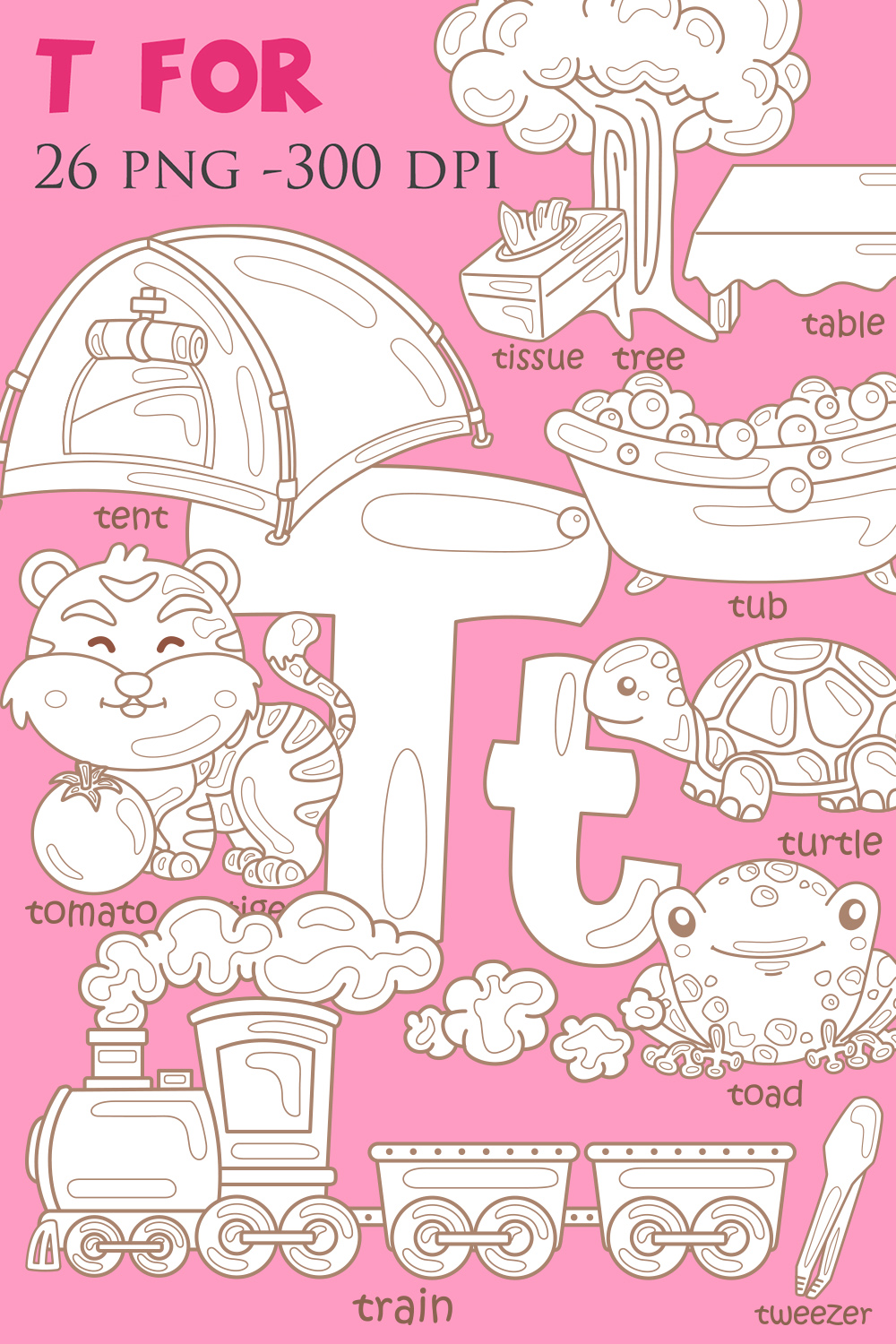 Alphabet T For Vocabulary School Letter Reading Writing Font Study Learning Student Toodler Kids Cartoon Lesson Tomato Tent Tub Tissue Turtle Train Tree Teapot Tiger Tweezer Table Toad Cartoon Digital Stamp Outline pinterest preview image.