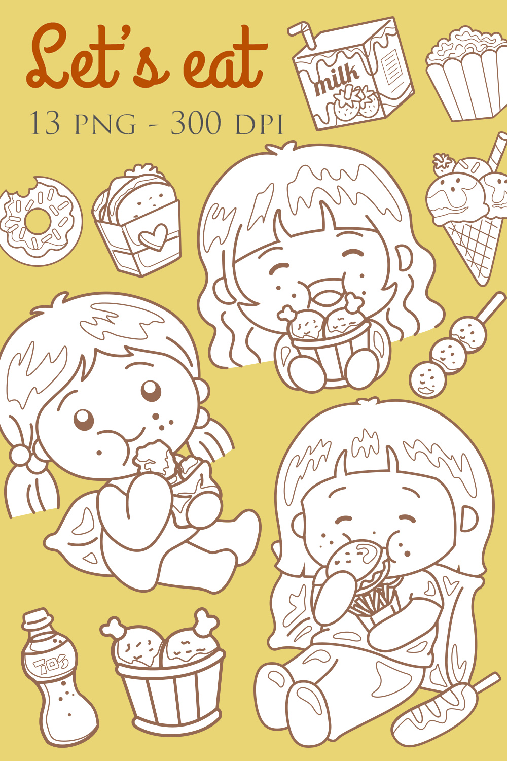 Cartoon Girl Kids Lets Love Like To Eat Food and Drink with Happy Popcorn Sandwich Chicken Ice Cream Donut Milk Digital Stamp Outline Black and White pinterest preview image.