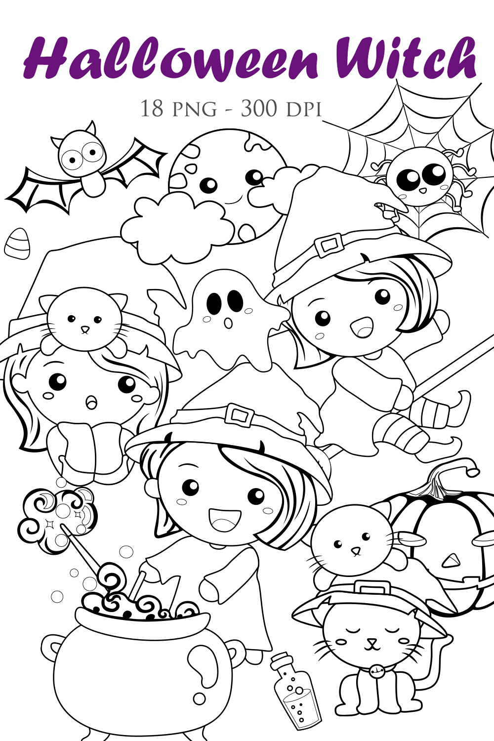 Cute Girl with Halloween Witch Costume and Animals October Event Digital Stamp Outline pinterest preview image.
