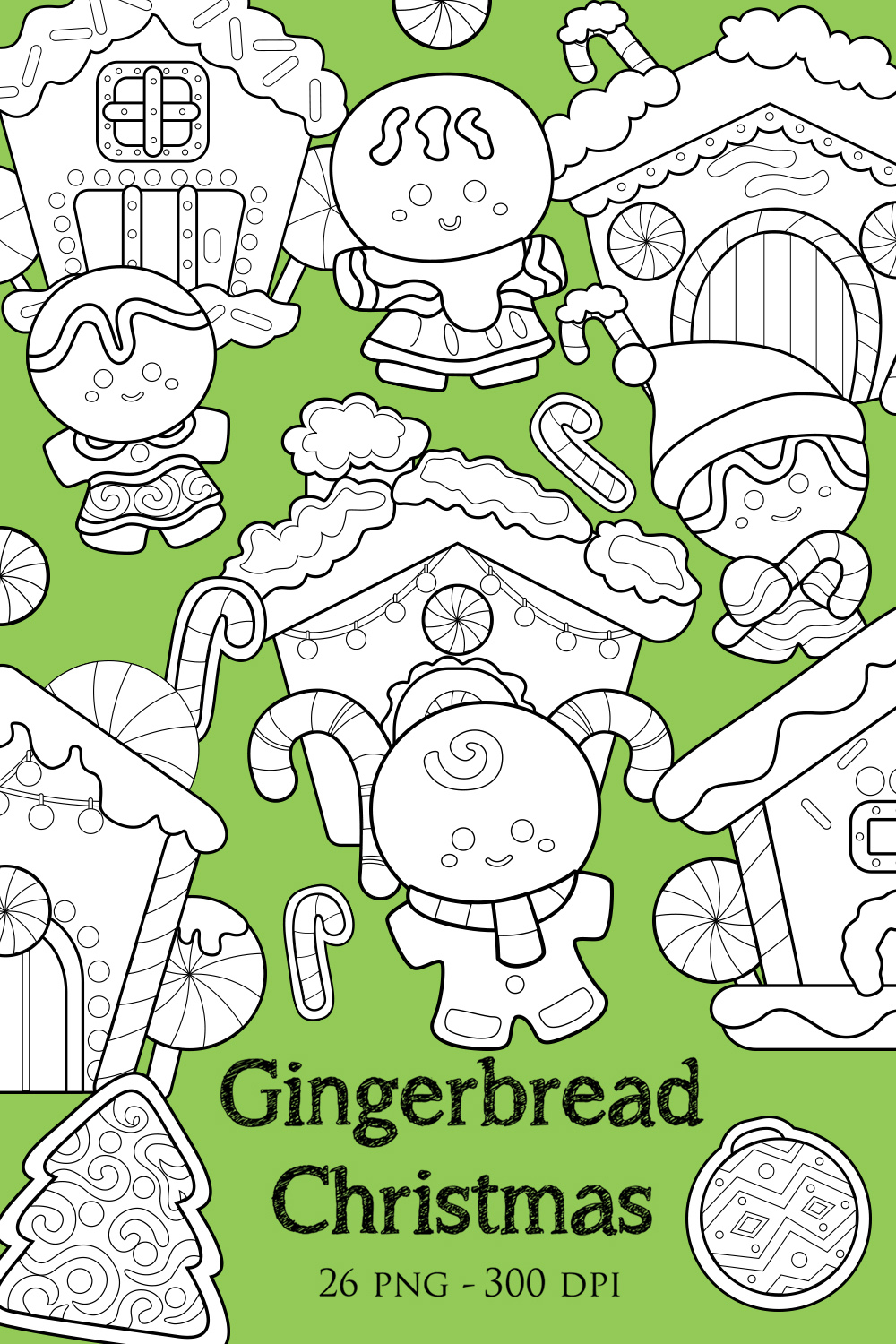 Cute Gingerbread Christmas Cookies House Cartoon and Decoration Object DIgital Stamp Outline Black and White pinterest preview image.