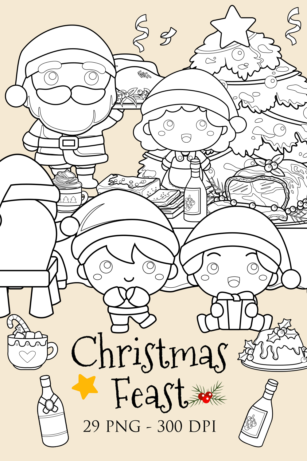 Christmas Feast Event Dinner Santa Clause Family Party Kids Food and Drink Holiday Background Decoration Cartoon Digital Stamp Outline pinterest preview image.