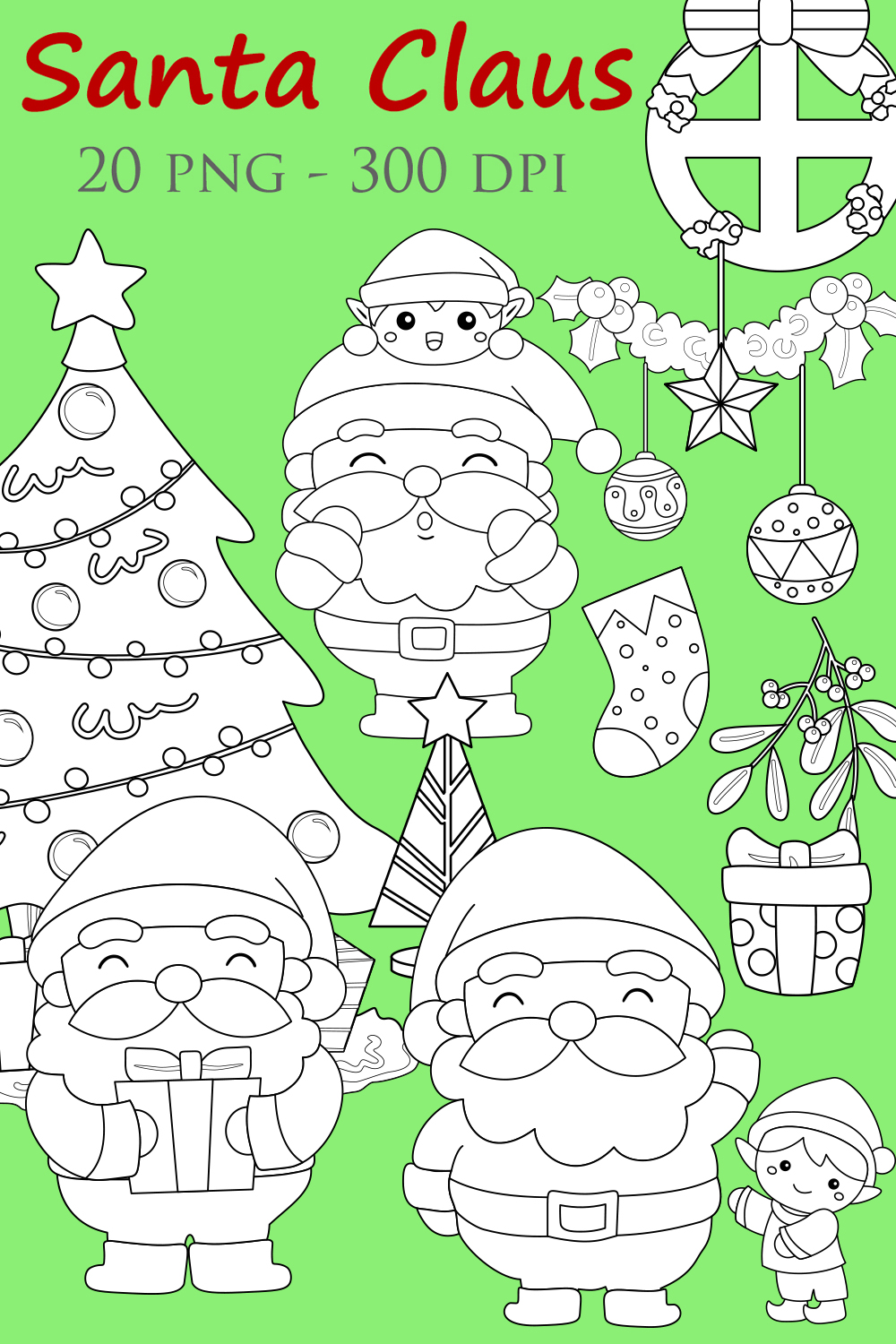 Santa Claus Kids Elf Christmas Tree Decoration Object Cartoon Digital Stamp Outline Black and White pinterest preview image.