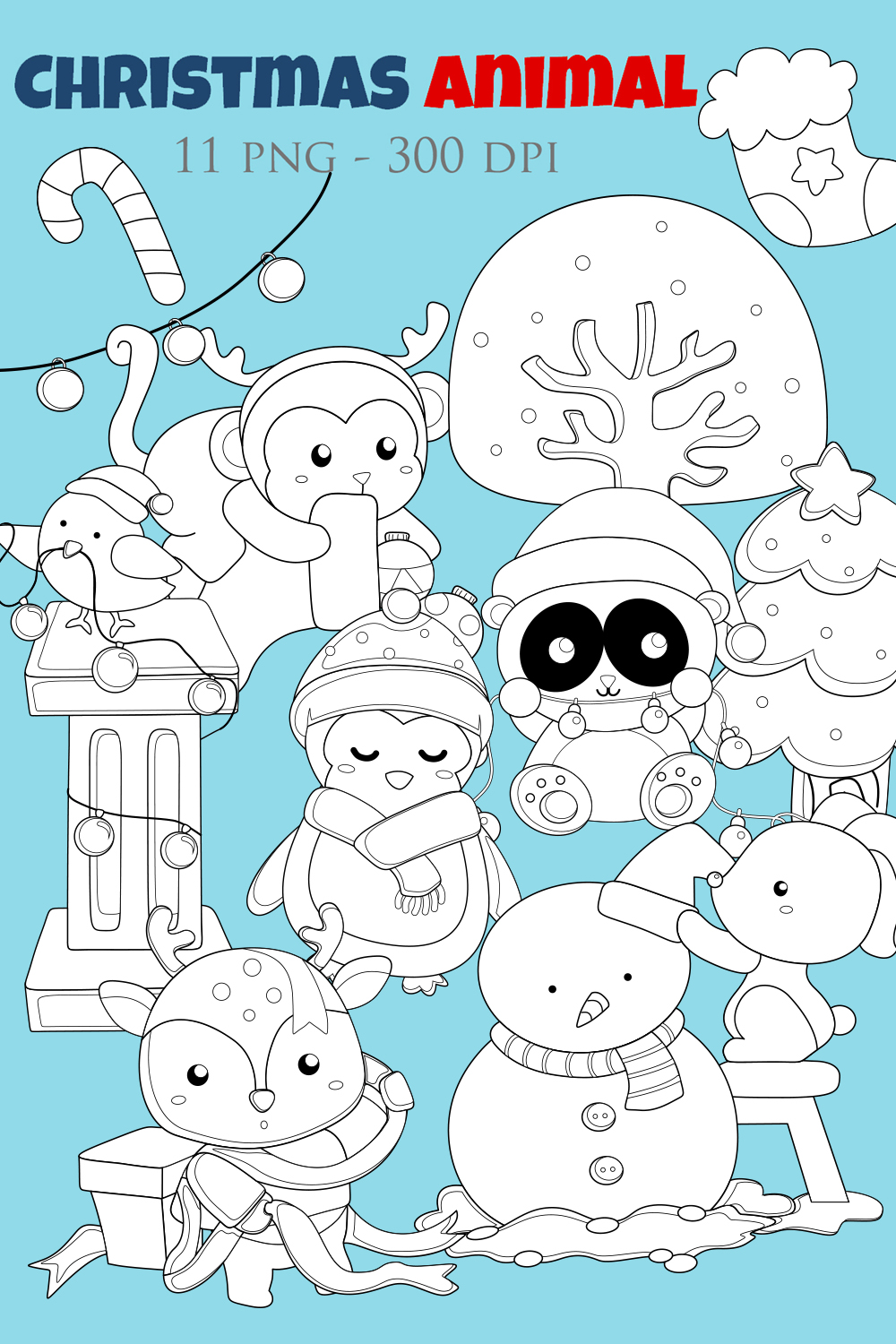 Funny Christmas Animals Decorate Christmas Tree and Snowman Monkey Penguin Bird Deer Rabbit Holiday Winter Cartoon Digital Stamp Outline Black and White pinterest preview image.