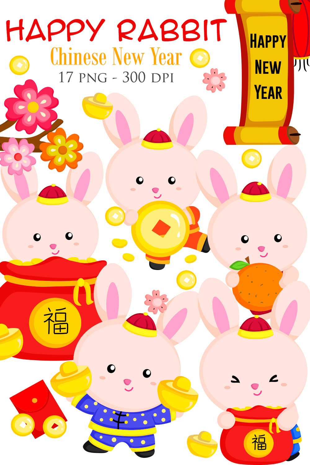 Cute Rabbit Happy Chinese New Year Animal Background Decoration Party Cartoon Illustration Vector Clipart Sticker pinterest preview image.