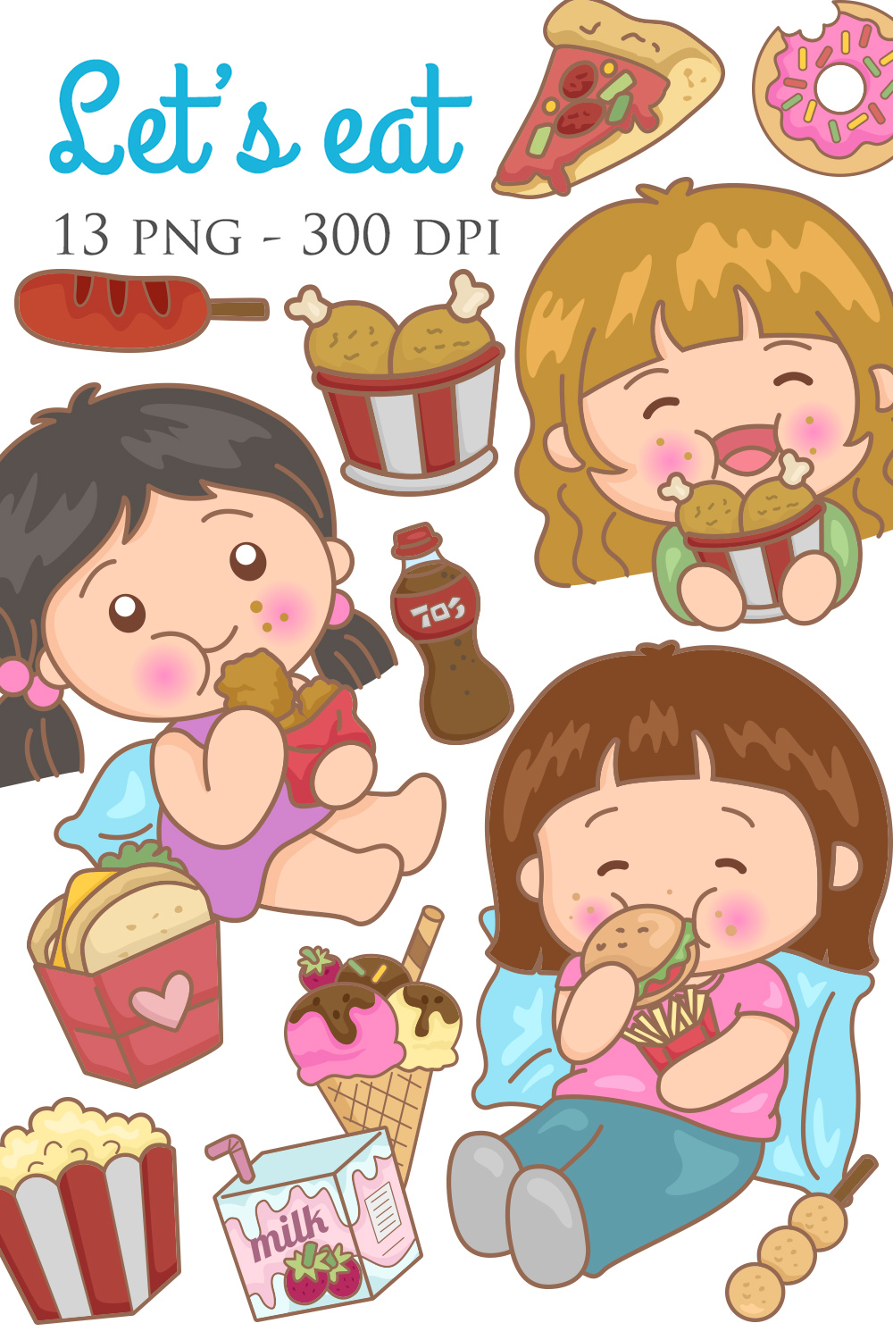 Cute and Funny Little Girl Kids Love and Like To Eat Food and Junk Food Drink Feel Happy Ice Cream Popcorn Pizza Sandwich Donut Milk Fried Chicken Cola Illustration Cartoon Clipart Vector pinterest preview image.