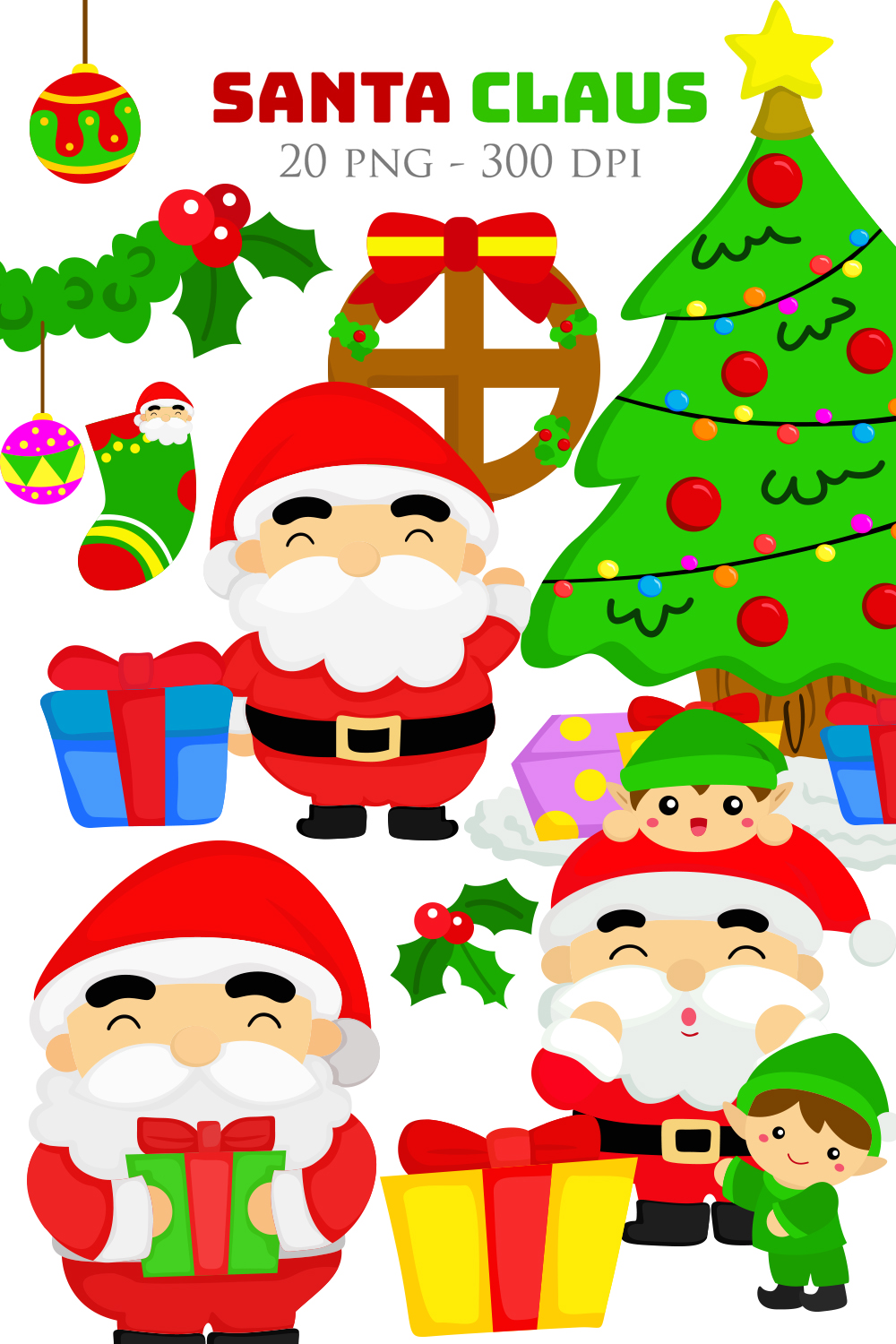 Cute Colorful Santa Claus Christmas and Kids Elf and Tree Decoration Background Party Holiday Cartoon Illustration Vector Clipart Sticker pinterest preview image.