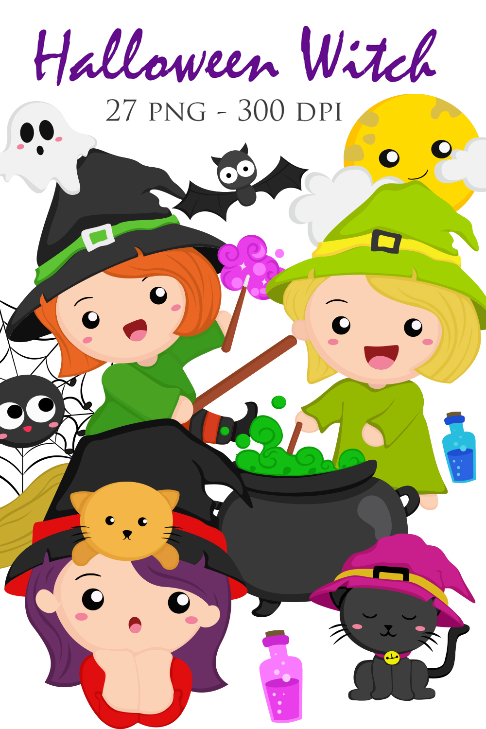 Cute Colorful Halloween Witch Costume Party Girl Kids Decoration Background Cartoon Illustration Vector Clipart pinterest preview image.