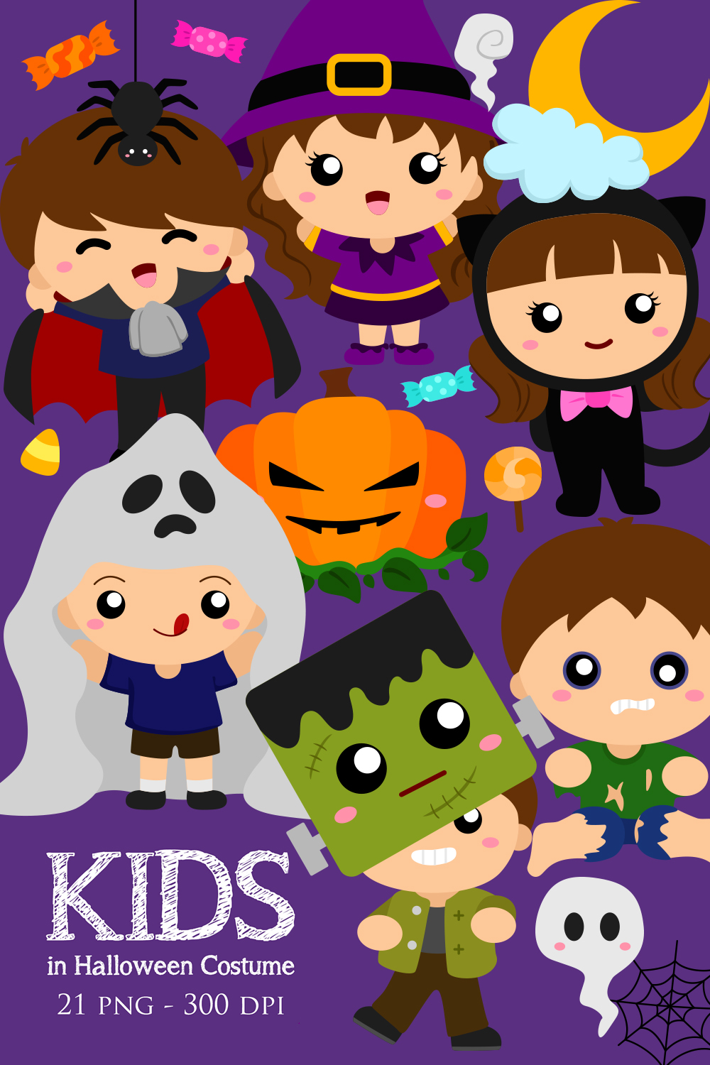 Kids and Halloween October Costume Party Ghost Witch Frakenstein Cat Vampire Dark Night Decoration Illustration Vector Clipart Cartoon pinterest preview image.
