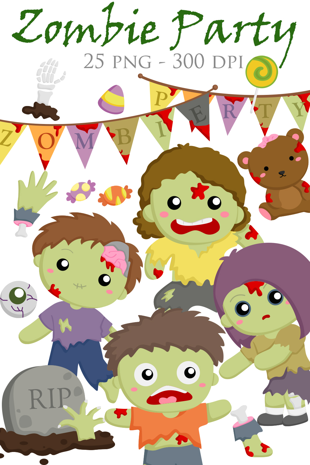 Kids Halloween Zombie Party Background Decoration October Event Cartoon Illustration Vector Clipart Sticker pinterest preview image.