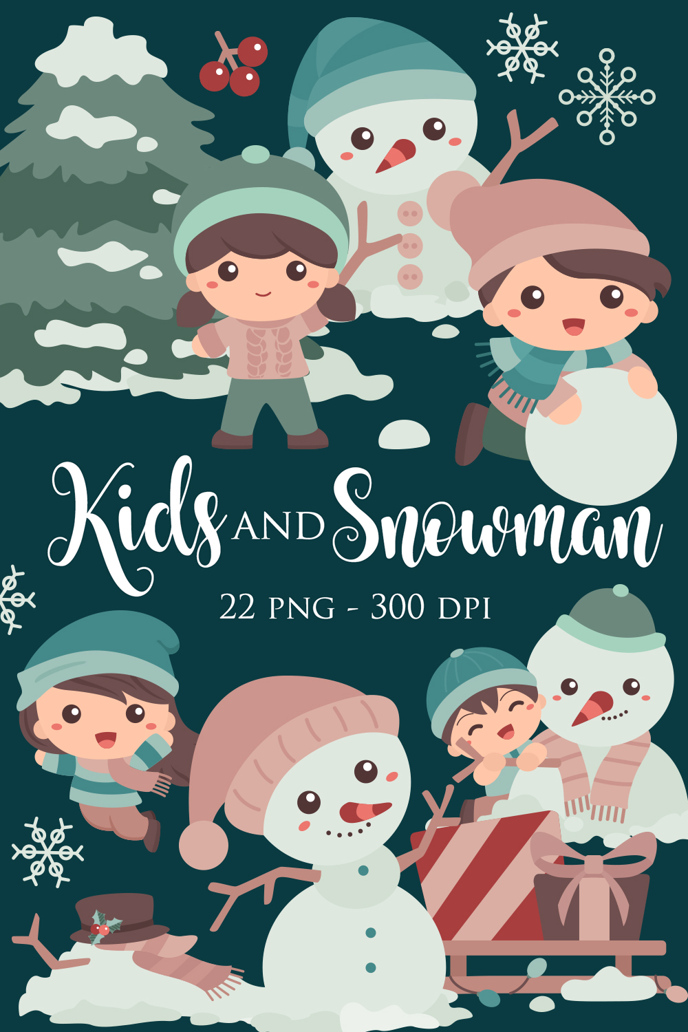 Kids and Snowman Christmas Holiday Nature Tree Snowflake Animal Present Gift Activity Sticker Illustration Vector Clipart Cartoon pinterest preview image.