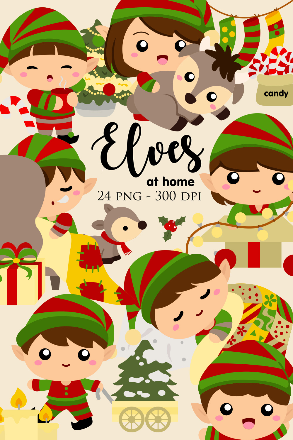 Colorful Christmas Elf Kids Girl Boy Character At Home Cartoon Illustration Vector Clipart Sticker Decoration Background pinterest preview image.