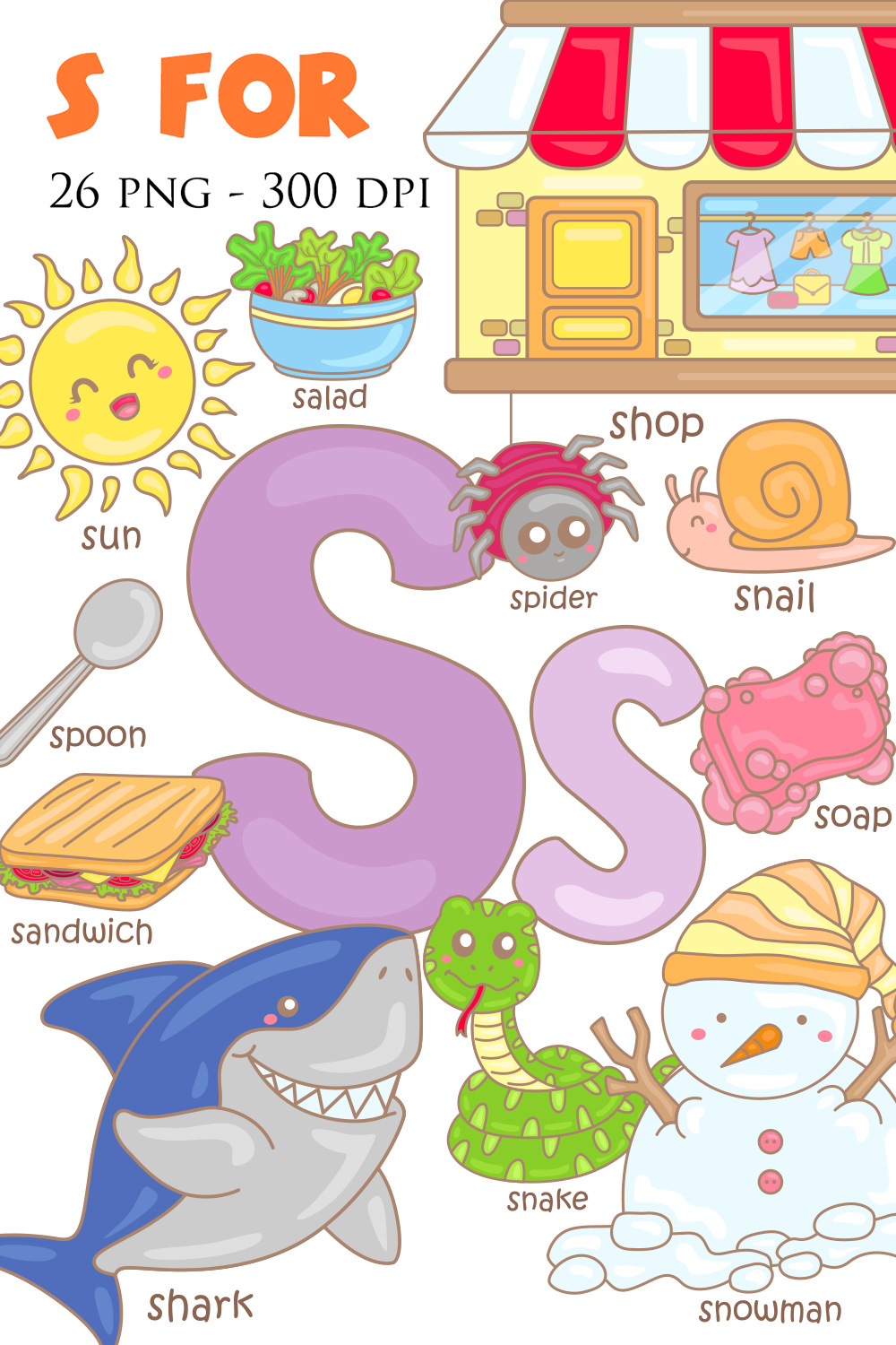 Alphabet S For Shark Sandwich Soap Snail Snake Salad Spoon Snowman Spider Shop Sheep Sun Vocabulary School Lesson Illustration Vector Clipart Cartoon pinterest preview image.