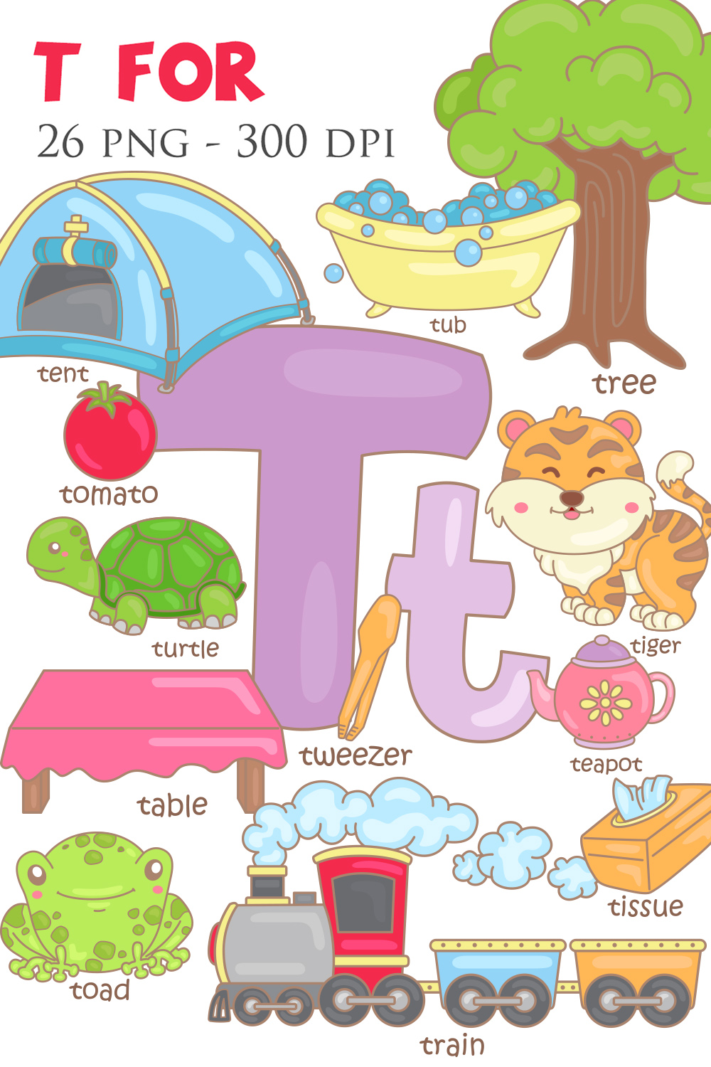 Alphabet T For Vocabulary School Letter Reading Writing Font Study Learning Student Toodler Kids Cartoon Lesson Tomato Tent Tub Tissue Turtle Train Tree Teapot Tiger Tweezer Table Toad Illustration Vector Clipart Cartoon pinterest preview image.