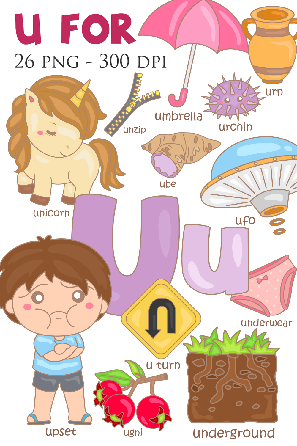 U letter objects and animals including unicorn, urn, umbrella, unicycle,  urchin, underwear. Stock Vector by ©NadineVeresk 300246114