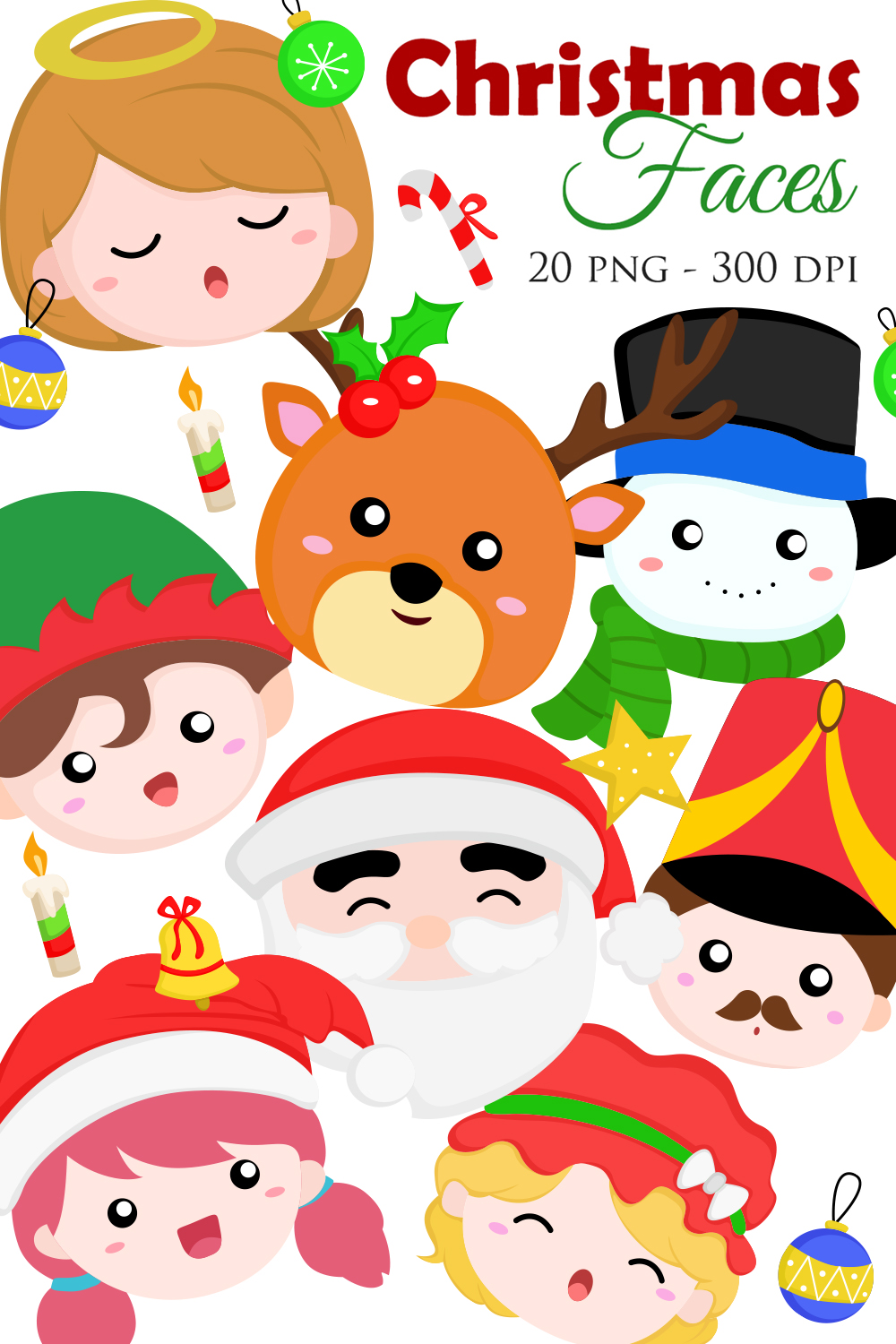 Cute Colorful Christmas Faces Elf Snowman Deer Animal Girl Kids Angel Cartoon Decoration Background Illustration Vector Clipart pinterest preview image.