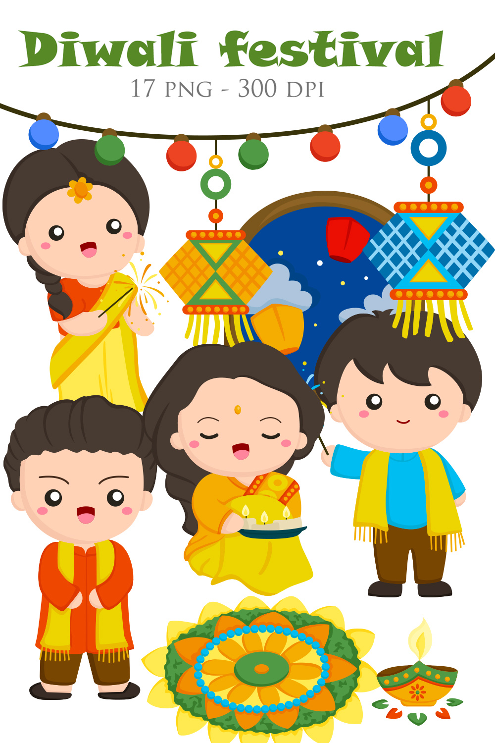 Happy Diwali Deepavali Festival Celebration Traditional Party Background Cartoon Kids Family Couple Illustration Vector Clipart pinterest preview image.