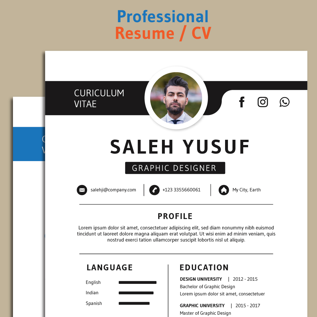 Professional Resume Template For Graphic Designers | CV Template | Blue and Black Theme preview image.