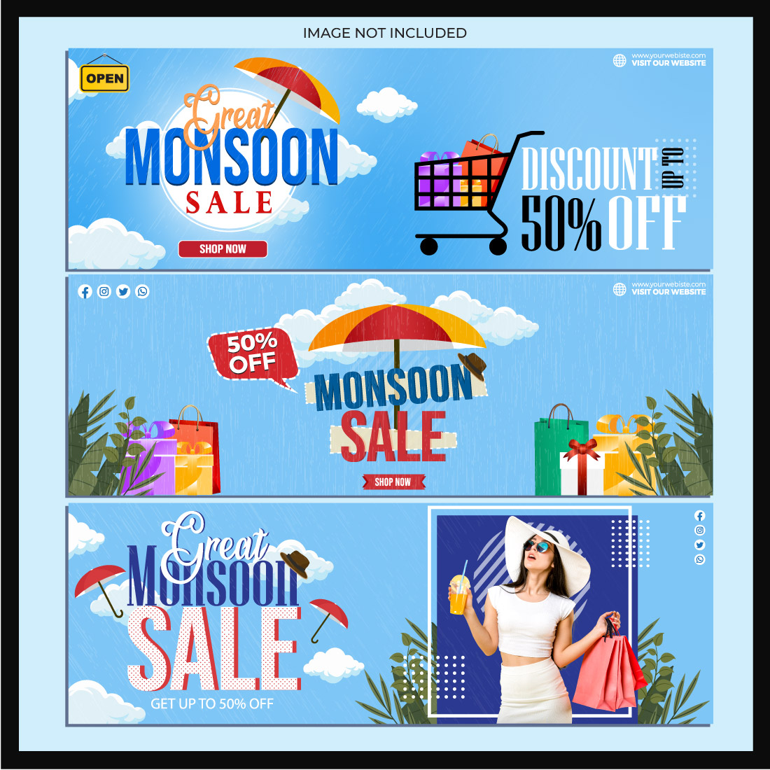 Umbrella and shopping bags for monsoon season sale Banner landing page web header template design preview image.