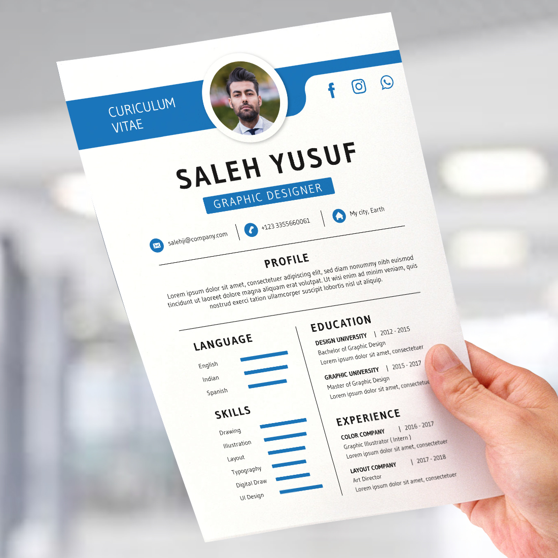 Professional Resume Template For Graphic Designers | CV Template | Blue and Black Theme cover image.