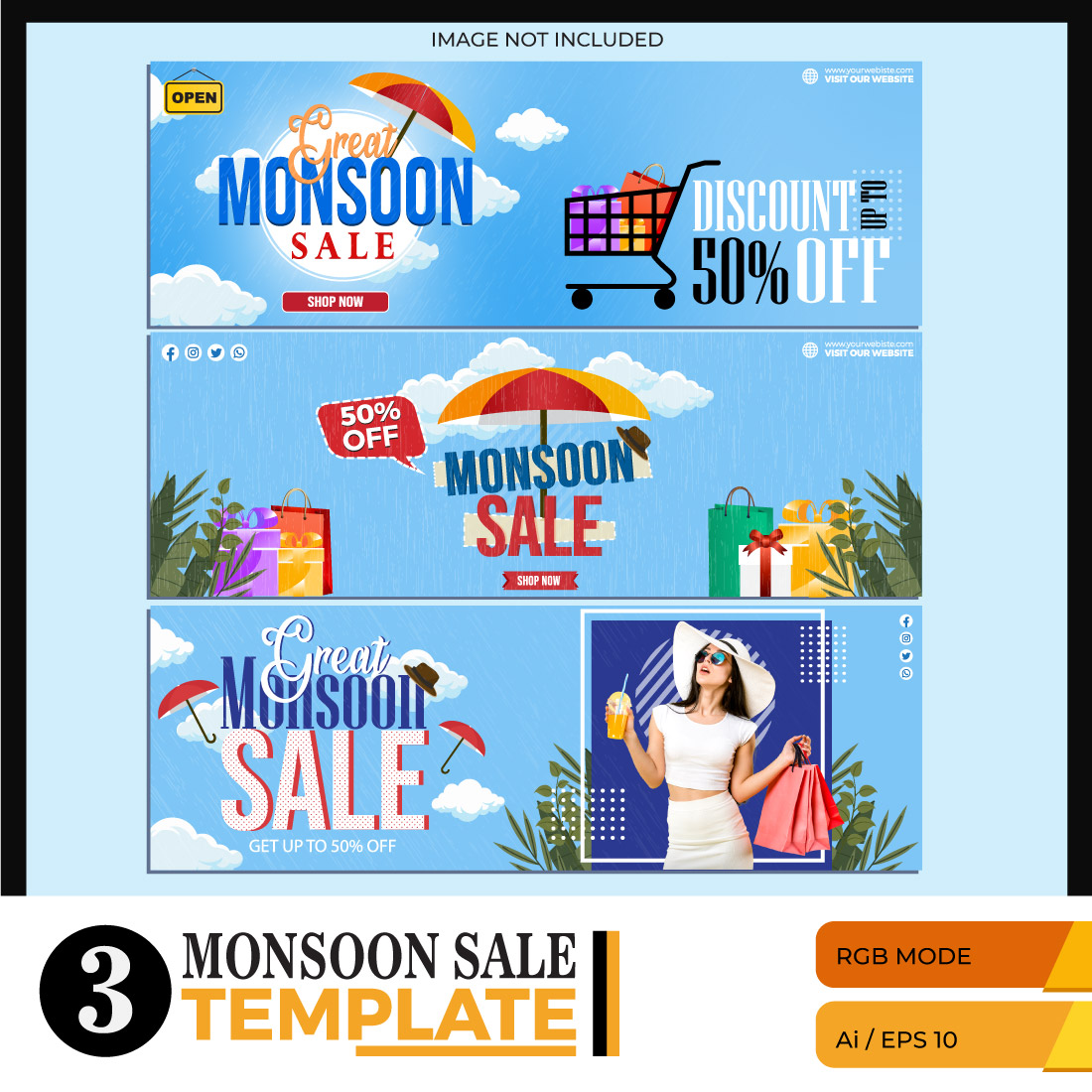 Umbrella and shopping bags for monsoon season sale Banner landing page web header template design cover image.
