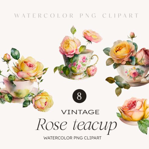 Watercolor Rose teacup Clipart - 8 items in PNG Digital A beautiful set of watercolor style Collection includes 8 items roses in teacup and rose on a plate cover image.