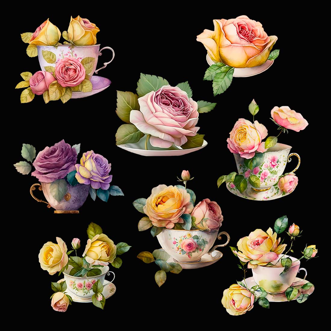 Watercolor Rose teacup Clipart - 8 items in PNG Digital A beautiful set of watercolor style Collection includes 8 items roses in teacup and rose on a plate preview image.