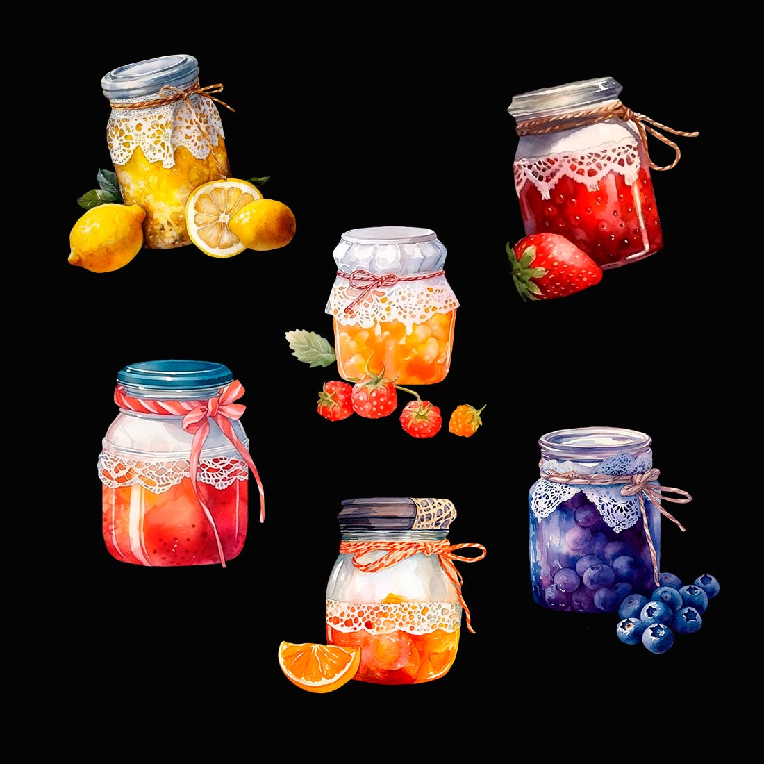 Watercolor Jar of jam Clipart - 6 items in PNG Digital This is a beautiful set of watercolor style, Jar of jam clipart Collection includes 6 Jars of jam: made from lemons, peaches, oranges, blueberries, strawberries, cloudberry These are perfect for your canned food crafts! preview image.