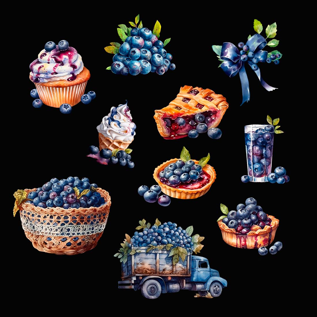 Watercolor Juicy Blueberry Clipart - 10 items in PNG Digital: a blueberry smoothie, three blueberry tarts, a blueberry cupcake, a stack of blueberries, a blueberry ice cream, a basket of fresh picked blueberries and a blue pick up truck with a tray full of blueberries preview image.