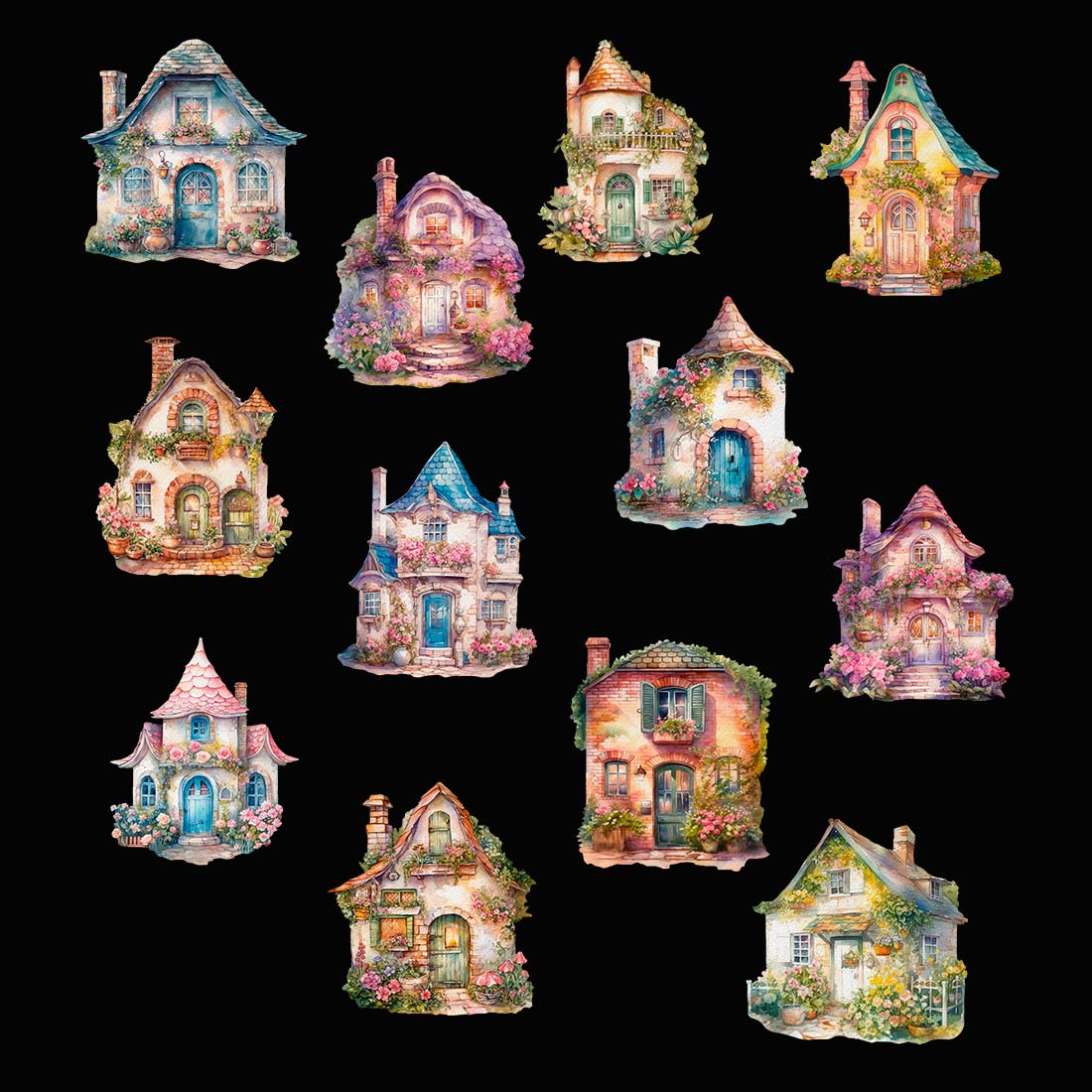Watercolor Fairy cottages clipart - 12 items in PNG Digital Set of watercolor style, collection includes 12 stunning houses each in different designs preview image.