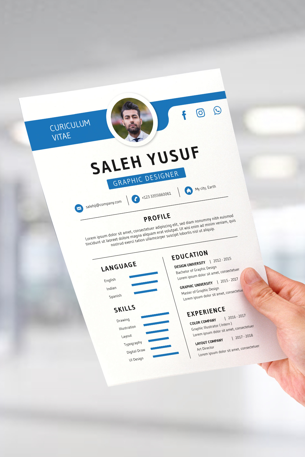 Professional Resume Template For Graphic Designers | CV Template | Blue and Black Theme pinterest preview image.