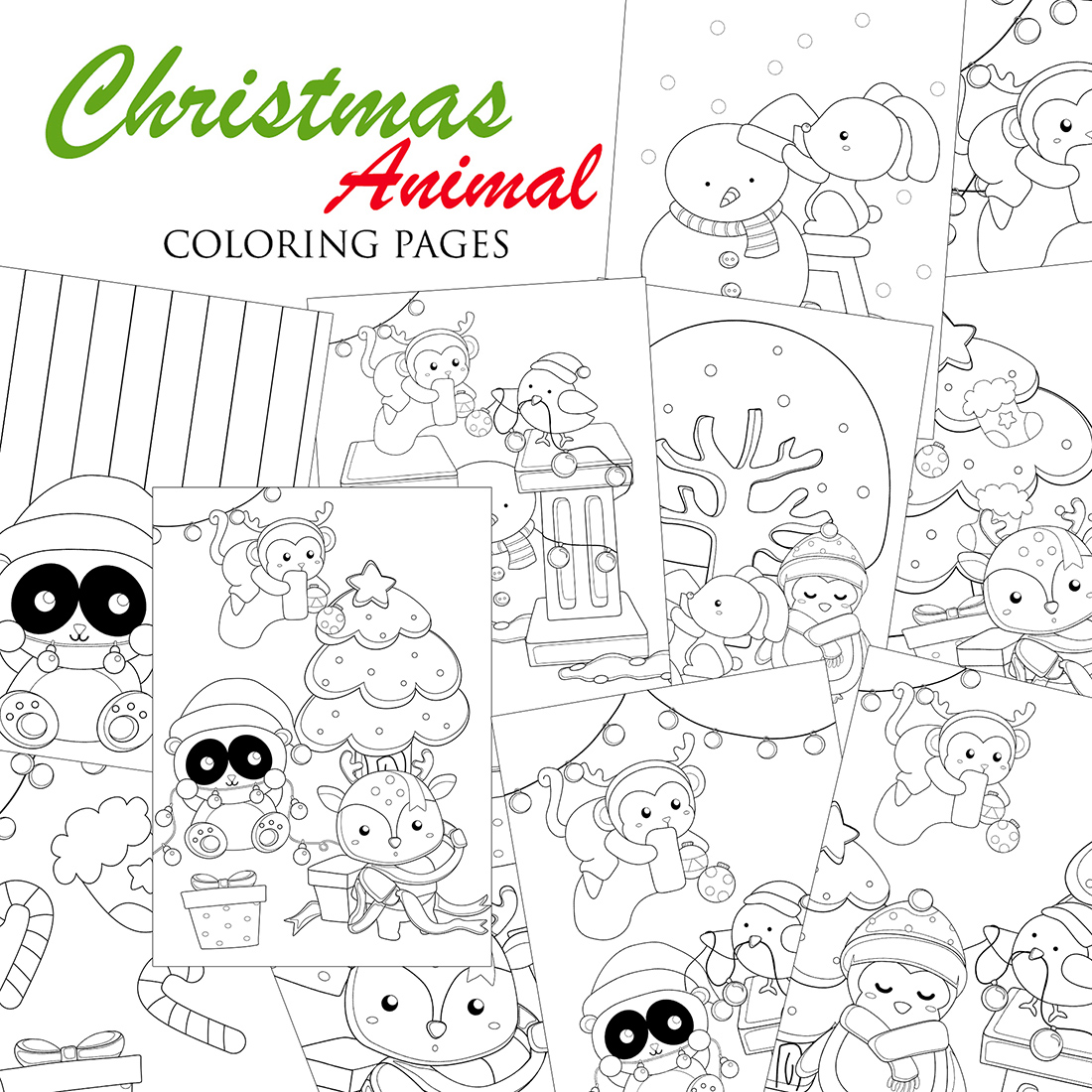 Christmas Animals Forest Bird Penguin Rabbit Panda Deer Monkey Winter Snowman Holiday Cartoon Coloring Pages for Kids and Adult cover image.