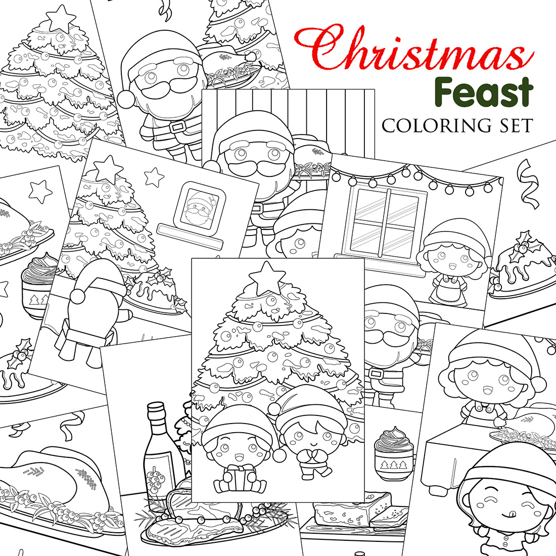 Cute Santa Claus Christmas Tree Feast Dinner Celebration Party Holiday Food with Family Coloring Pages for Kids and Adult cover image.