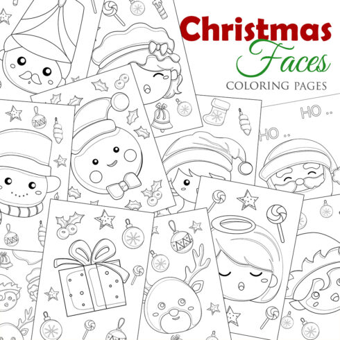 Cute Christmas Faces Elf Snowman Deer Animal Girl Kids Angel Cartoon Coloring Pages for Kids and Adult cover image.