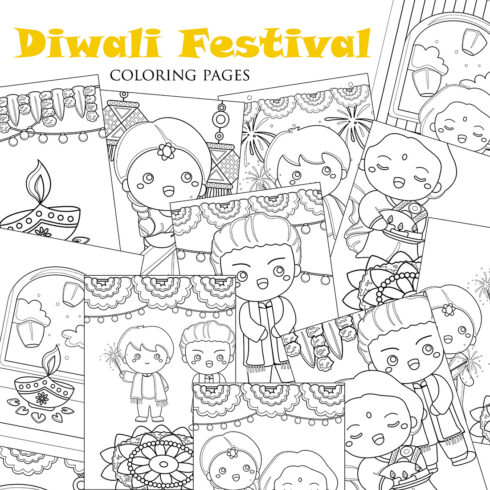 Diwali Deepavali Festival Kids Couple India Hindus Traditional Celebration Background Party Decoration Event Cartoon Coloring Pages for Kids and Adult cover image.
