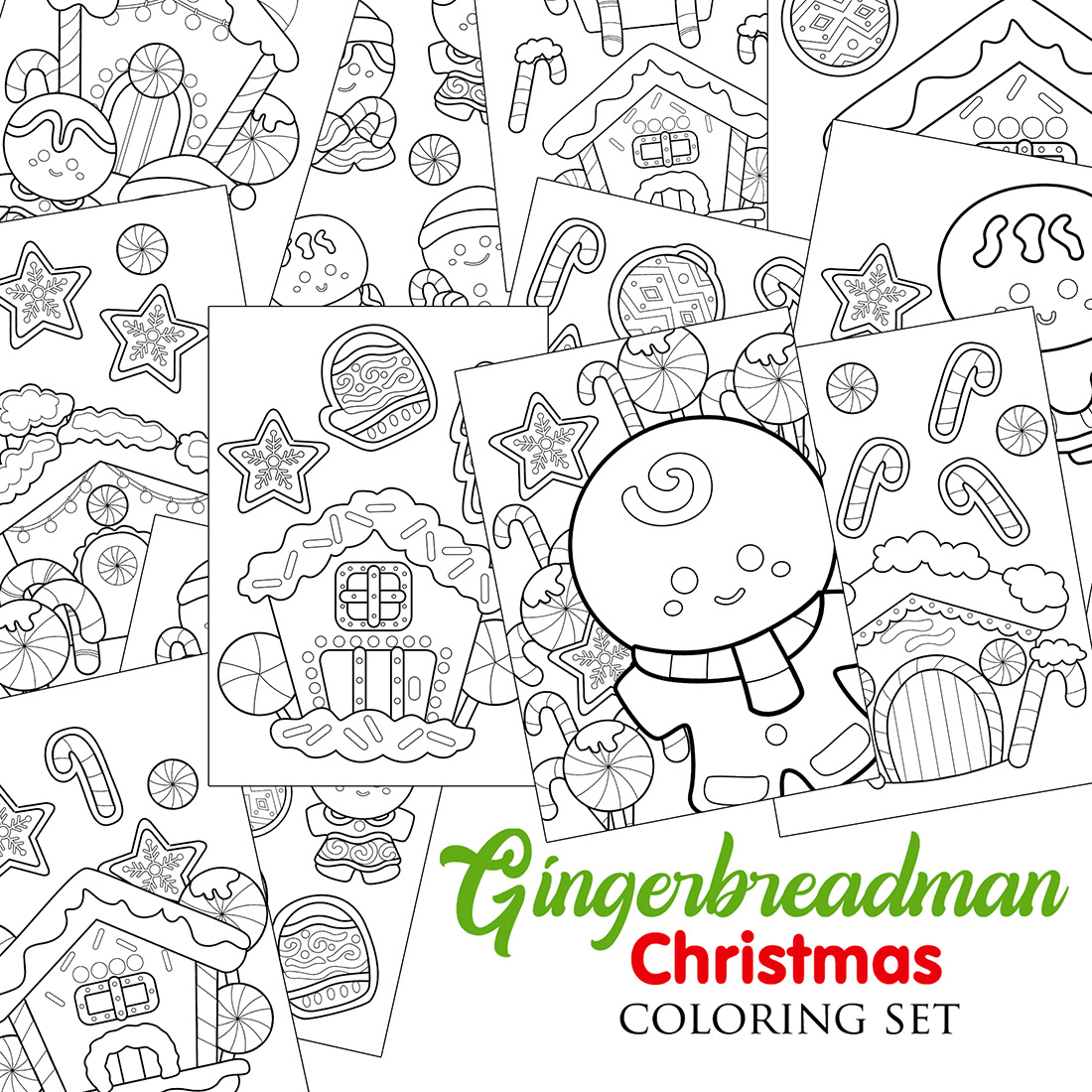 Cute Gingerbread Christmas Cookies and House Decoration Object Character Cartoon Coloring Pages for Kids and Adult Activity cover image.