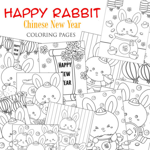 Cute Happy Rabbit Chinese New Year Party Animal Cartoon Coloring Pages for Kids and Adult cover image.