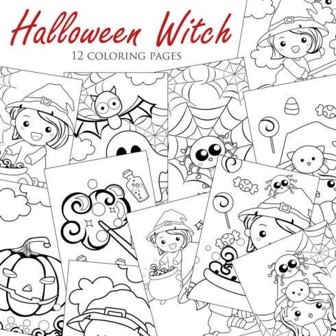 Cute Girl Wearing Halloween Witch Costume for Party Coloring Pages for Kids and Adult cover image.