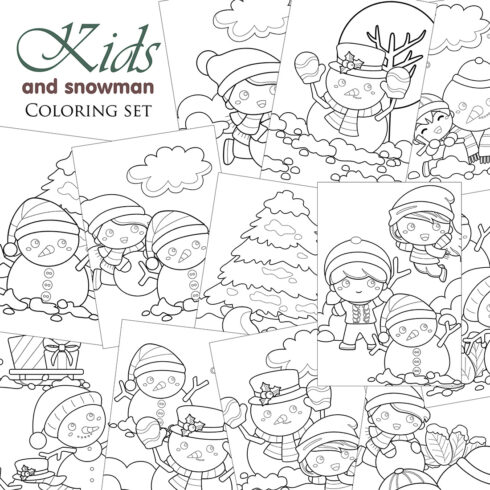Cute Happy Little Boy and Girl Making Snowman on Christmas Holiday Cartoon Coloring Set Pages for Kids and Adult cover image.