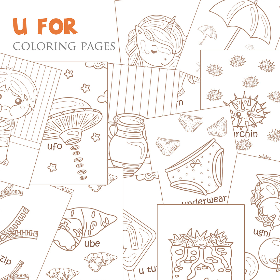 Alphabet U For Vocabulary School Letter Reading Writing Font Study Learning Student Toodler Kids Ube U Turn Unzip Underground Underwear Ugni Umbrella Unicorn Ufo Upset Urchin Urn Cartoon Lesson Illustration Vector Clipart Cartoon Coloring Pages for Kids and Adult cover image.