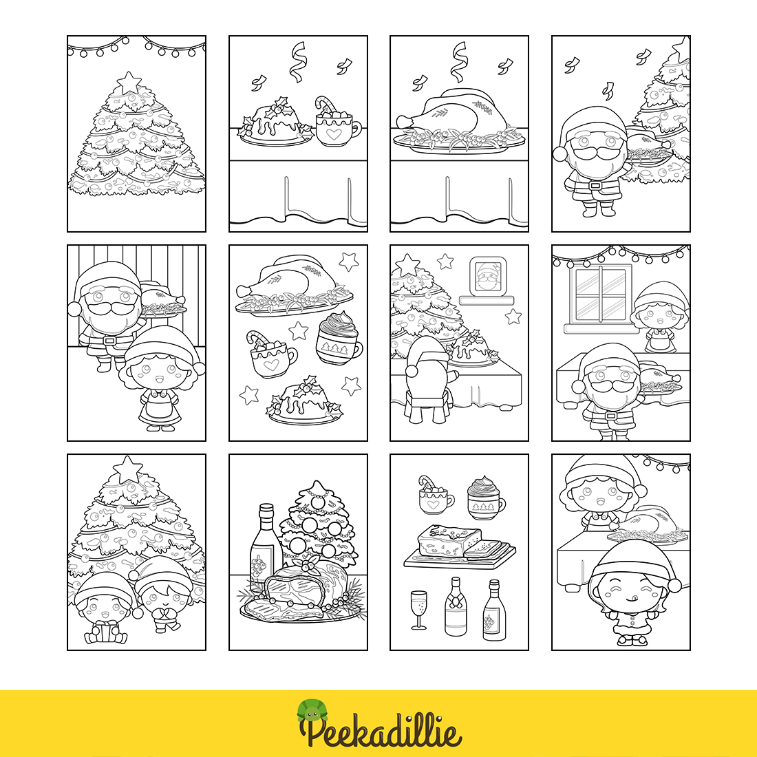 Cute Santa Claus Christmas Tree Feast Dinner Celebration Party Holiday Food with Family Coloring Pages for Kids and Adult preview image.