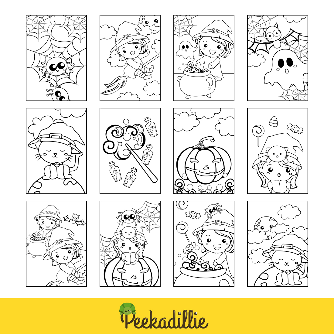 Cute Girl Wearing Halloween Witch Costume for Party Coloring Pages for Kids and Adult preview image.