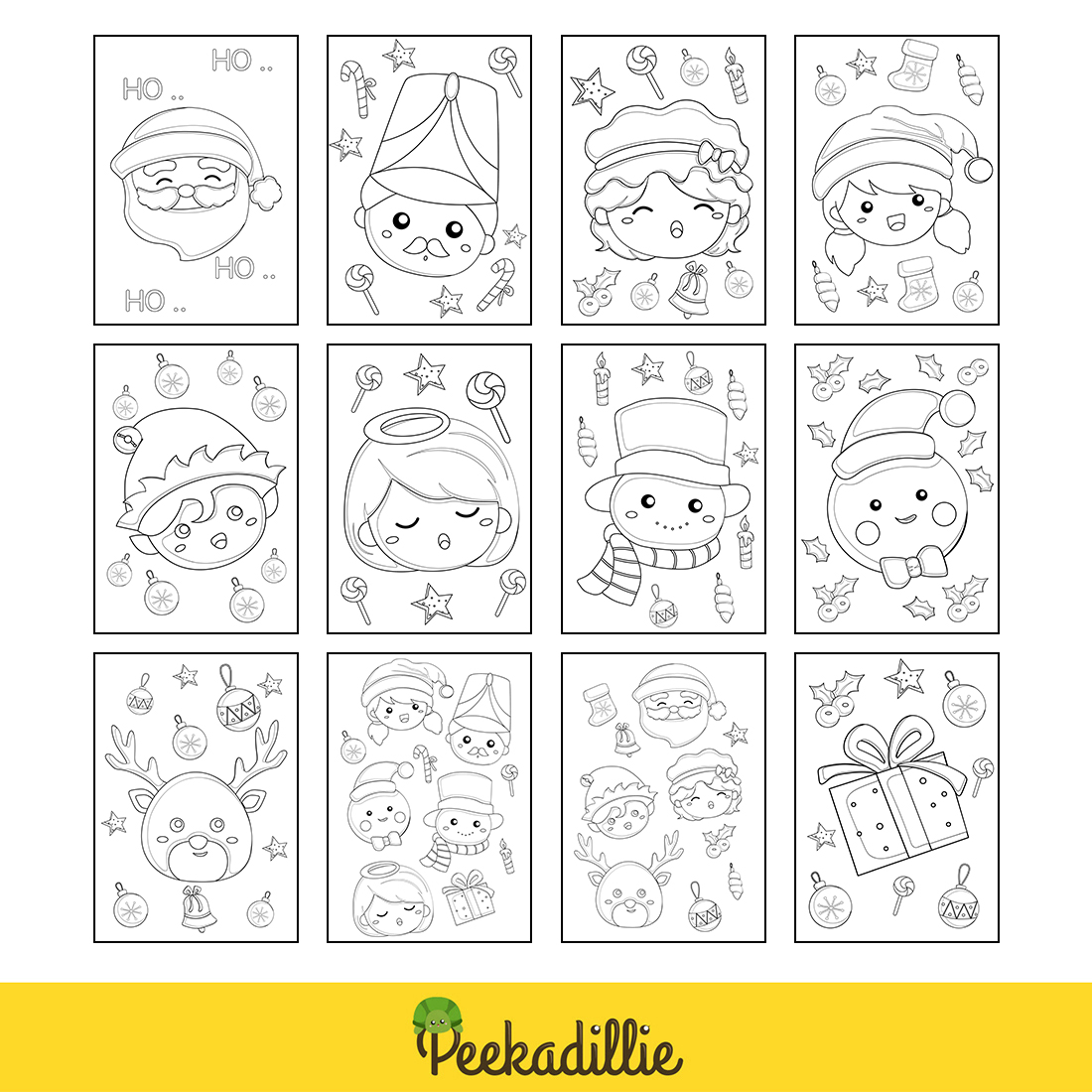 Cute Christmas Faces Elf Snowman Deer Animal Girl Kids Angel Cartoon Coloring Pages for Kids and Adult preview image.